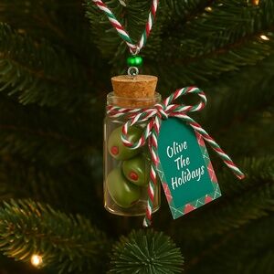 Olive Jar Christmas Ornament – Handmade Clay Green Olives in Glass Bottle